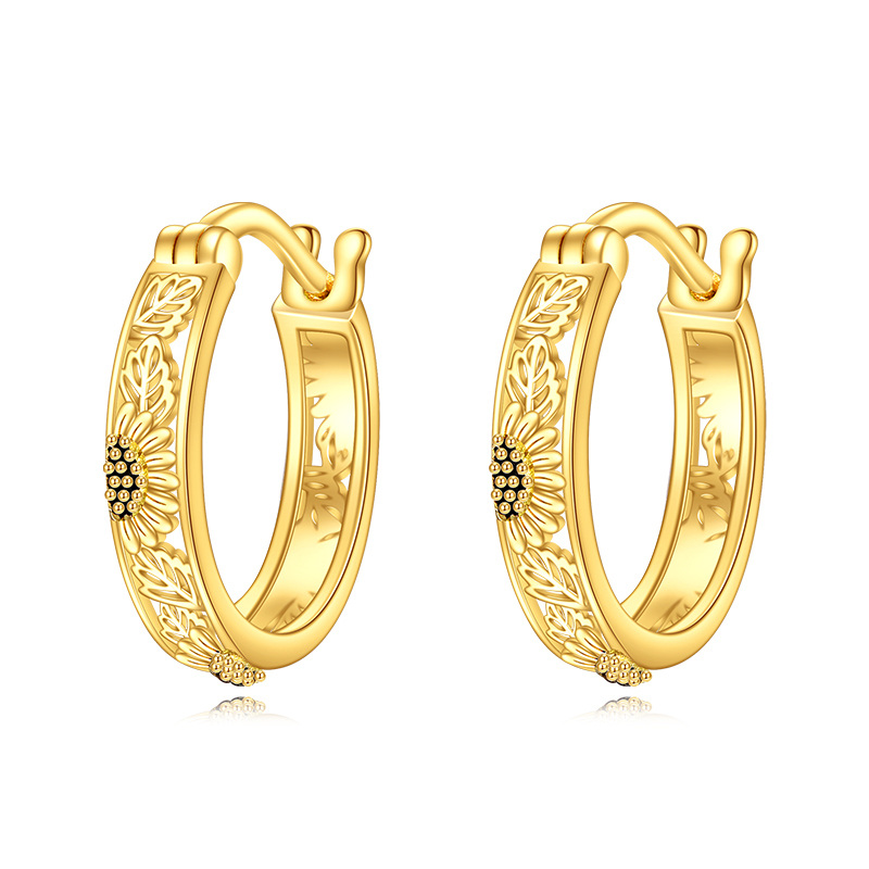 14K Yellow Gold Hollow Sunflower Small Huggie Hoop Earrings-1