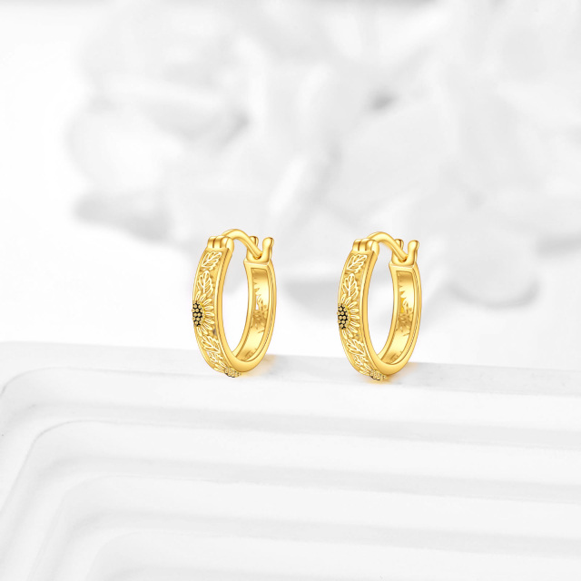 14K Yellow Gold Hollow Sunflower Small Huggie Hoop Earrings-3