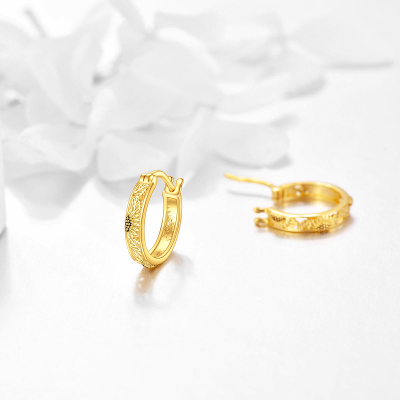 10K Yellow Gold Hollow Sunflower Small Huggie Hoop Earrings-4