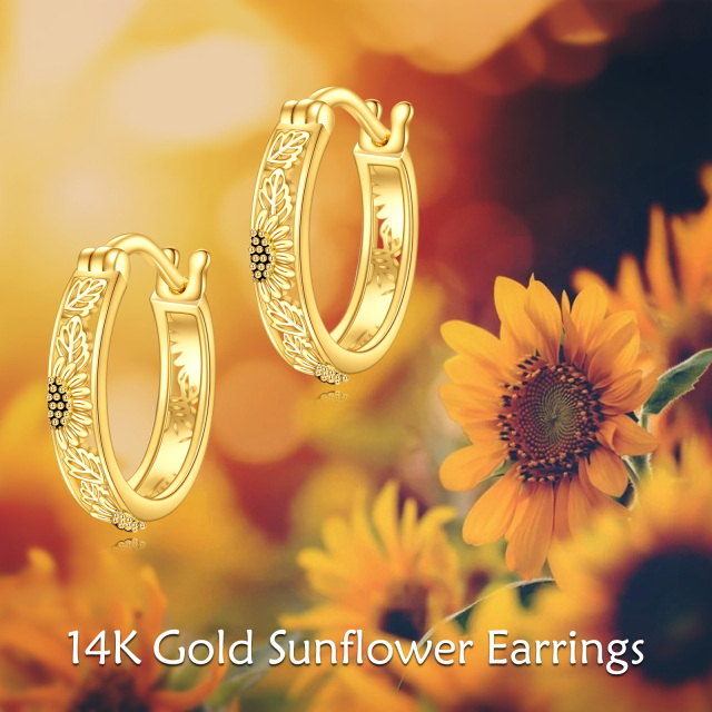 14K Yellow Gold Hollow Sunflower Small Huggie Hoop Earrings-6