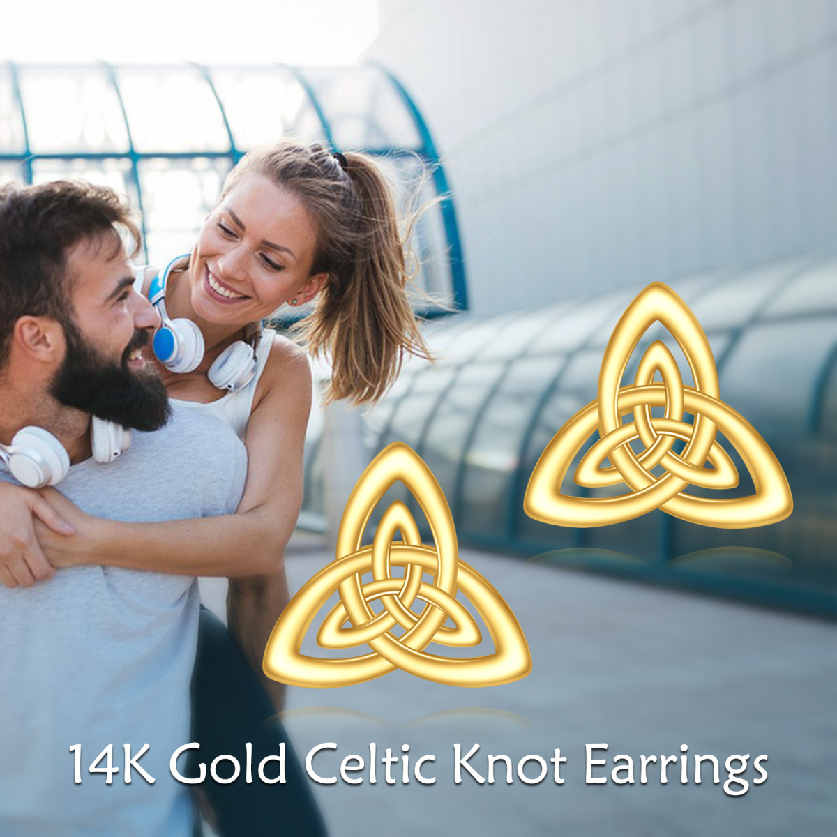 14K Yellow Gold Hollow Triangle Celtic Knot Stud Earrings-6