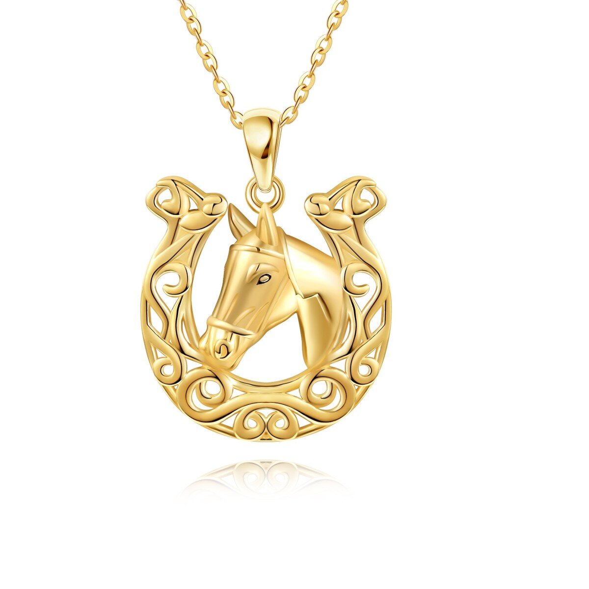 14K Yellow Gold Horse & Horseshoe Pendant Necklace-1