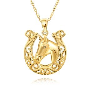 14K Yellow Gold Horse & Horseshoe Pendant Necklace-1