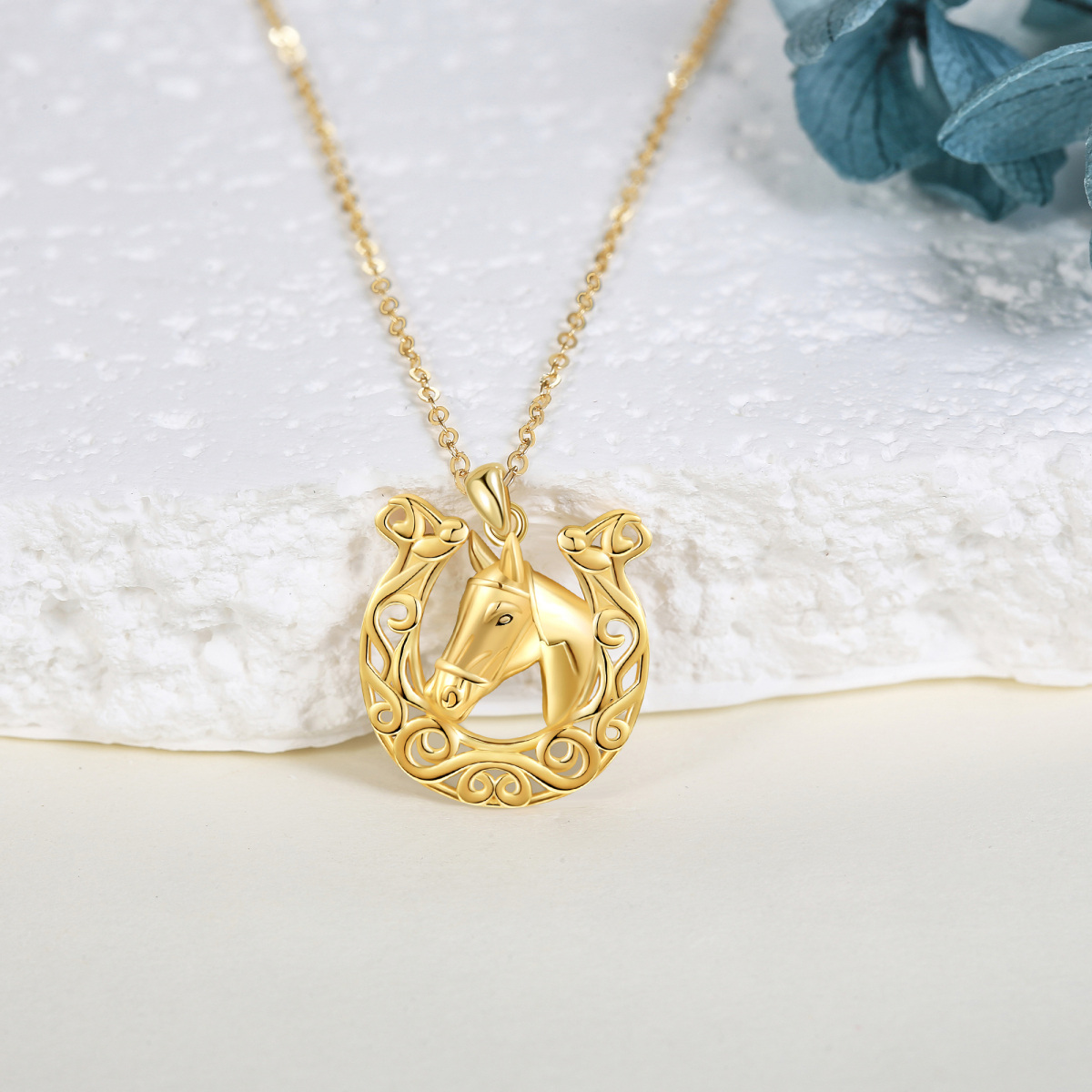 14K Yellow Gold Horse & Horseshoe Pendant Necklace-3