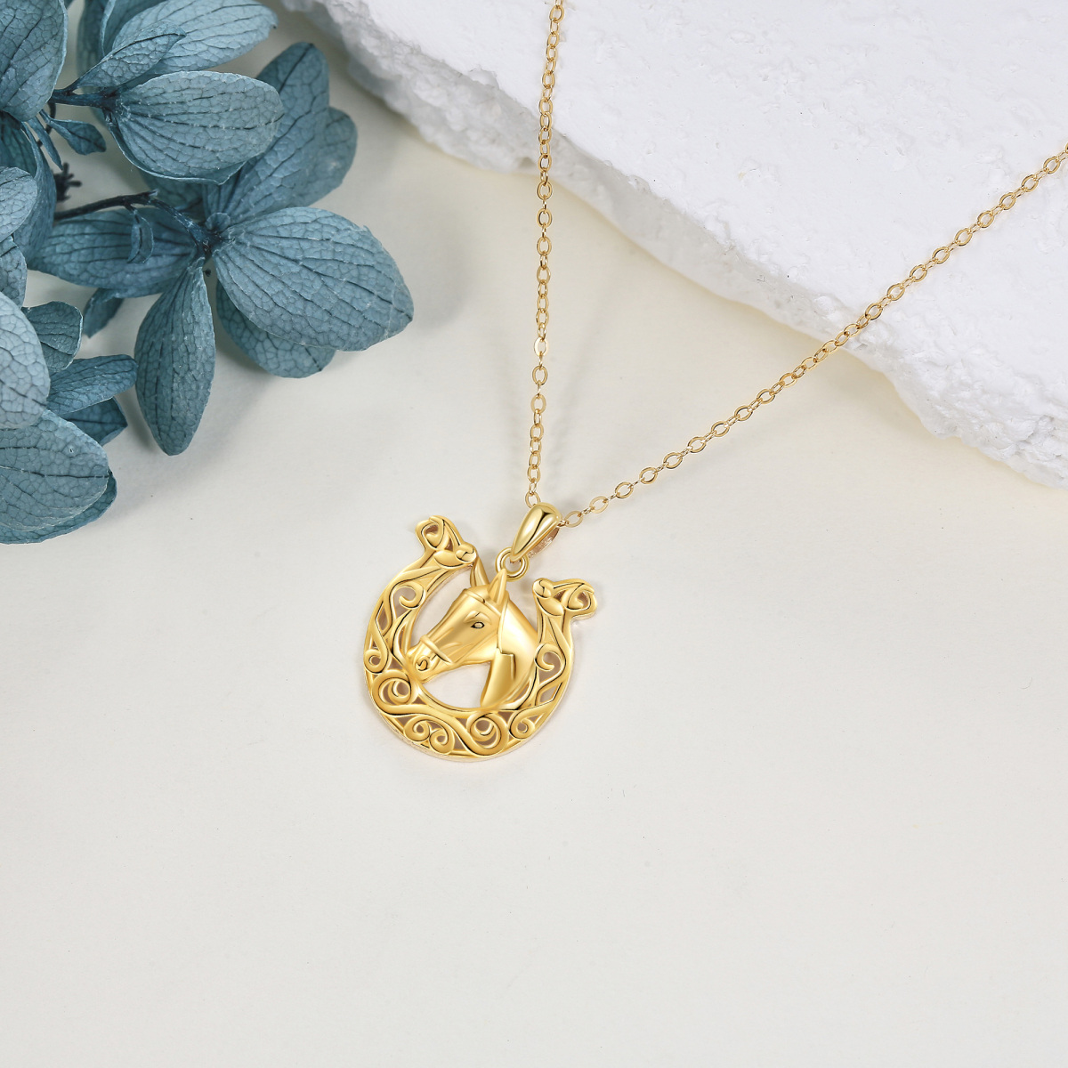 14K Yellow Gold Horse & Horseshoe Pendant Necklace-4