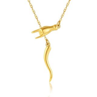 14K Yellow Gold Italian Horn Good Luck Protection Amulet Pendant Necklace-1