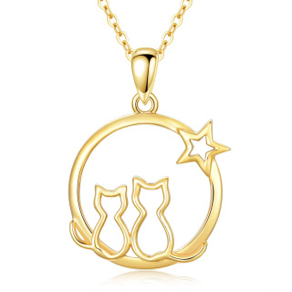 9K Gold Circular Shaped Cubic Zirconia Cat & Star Pendant Necklace-35