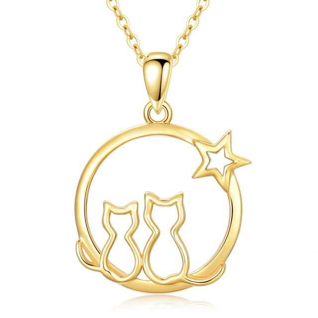 14K Yellow Gold Mama Cat and Daughter Cat Necklace with Star for Women, 16+1+1 inches-1