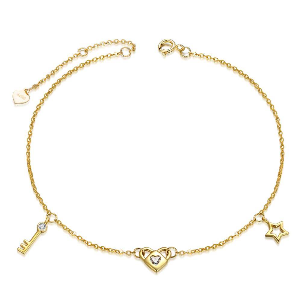 10K Yellow Gold Moissanite Concentric Key Heart Charm Bracelet-1