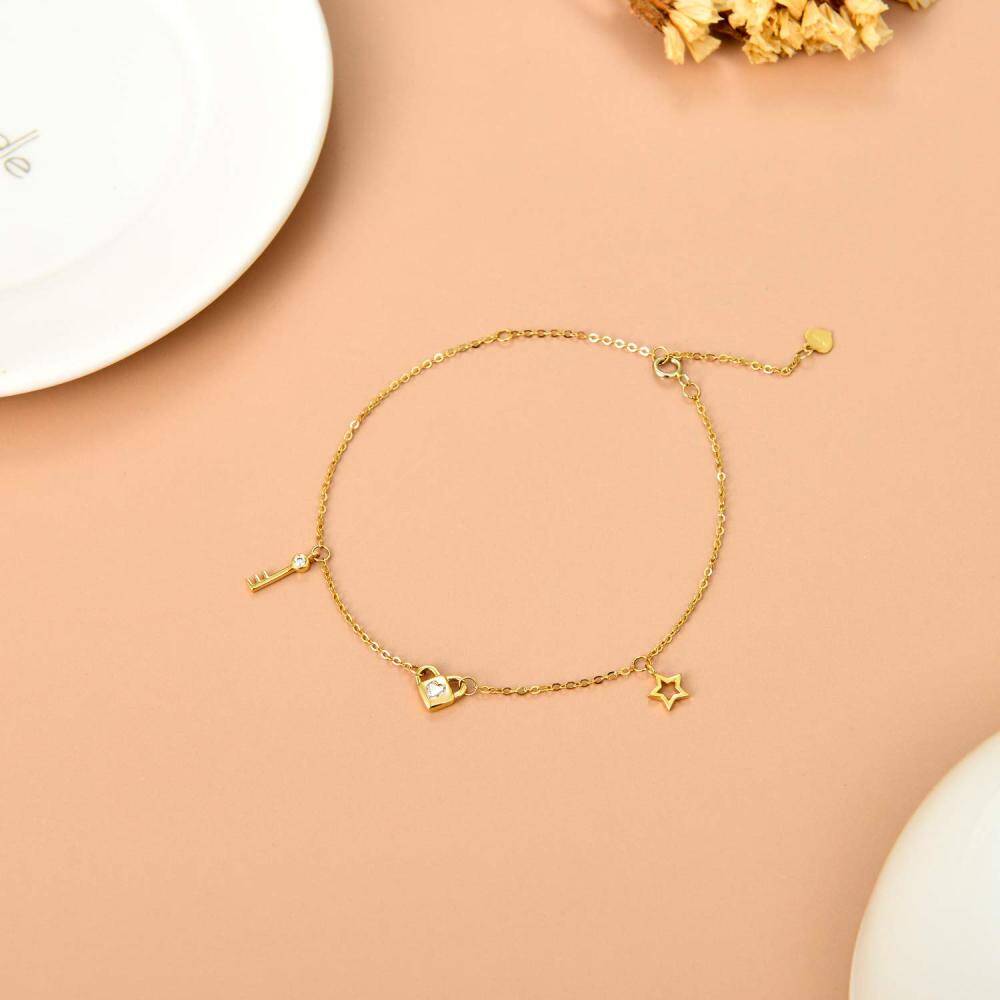 10K Yellow Gold Moissanite Concentric Key Heart Charm Bracelet-4
