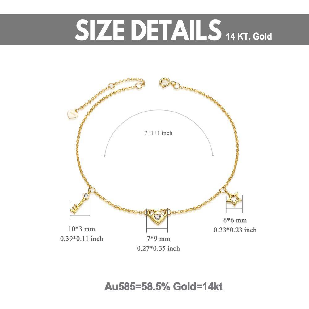 10K Yellow Gold Moissanite Concentric Key Heart Charm Bracelet-5