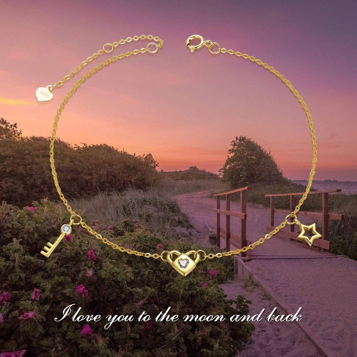 14K Yellow Gold Moissanite Concentric Key Heart Pendant Bracelet-6