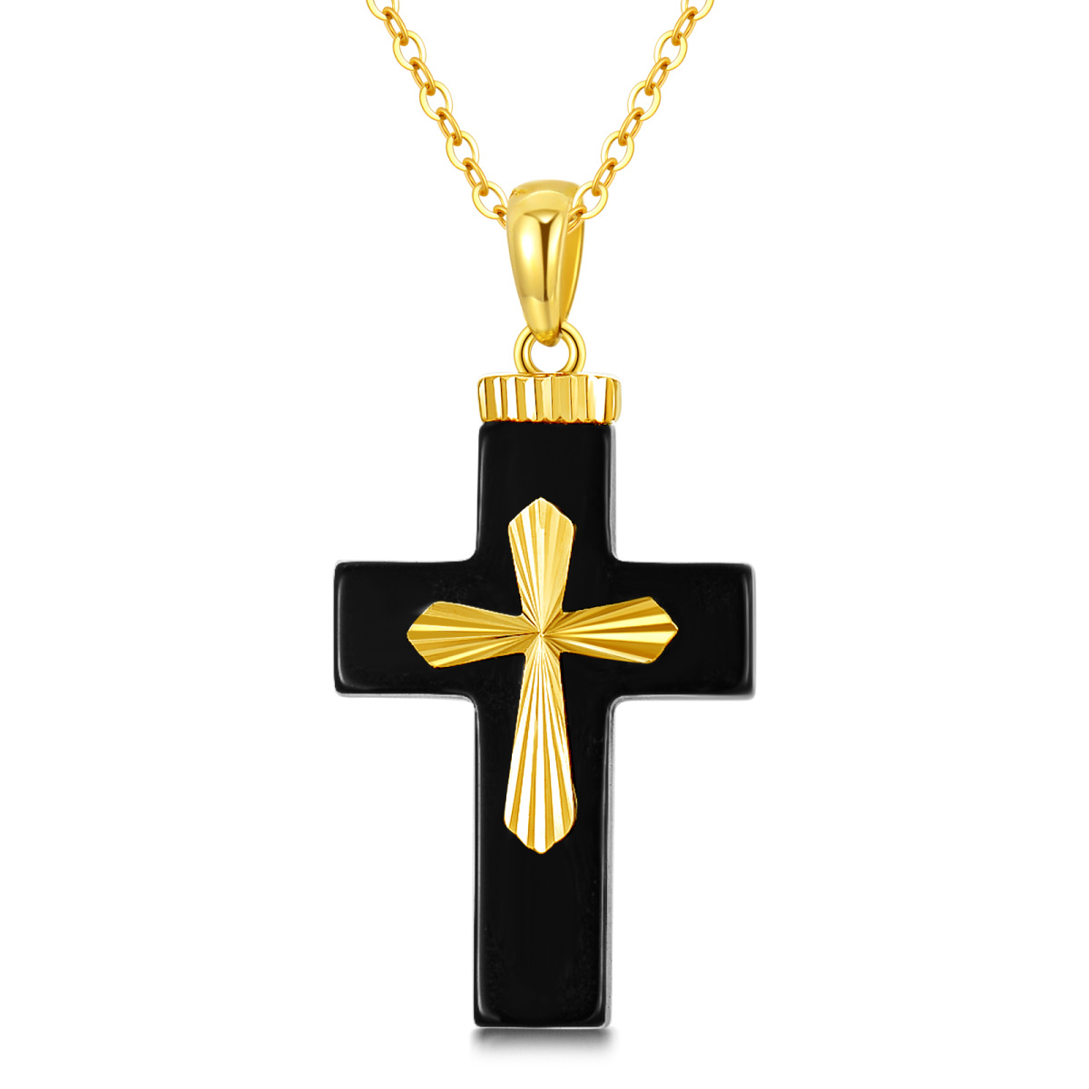 10K Yellow Gold Natural Black Shaped Agate Cross Pendant Necklace-1