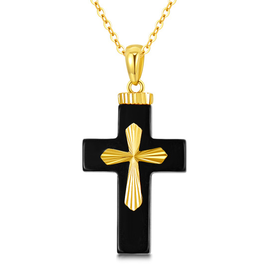 Colar com pingente de cruz de ágata em formato preto natural em ouro amarelo 14K