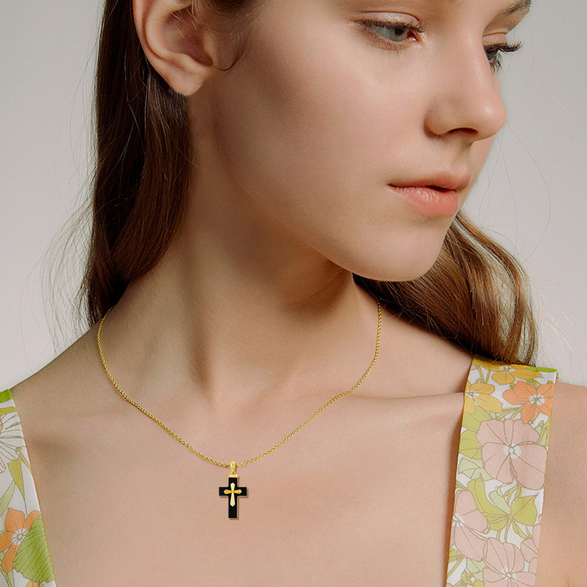 10K Yellow Gold Natural Black Shaped Agate Cross Pendant Necklace-2