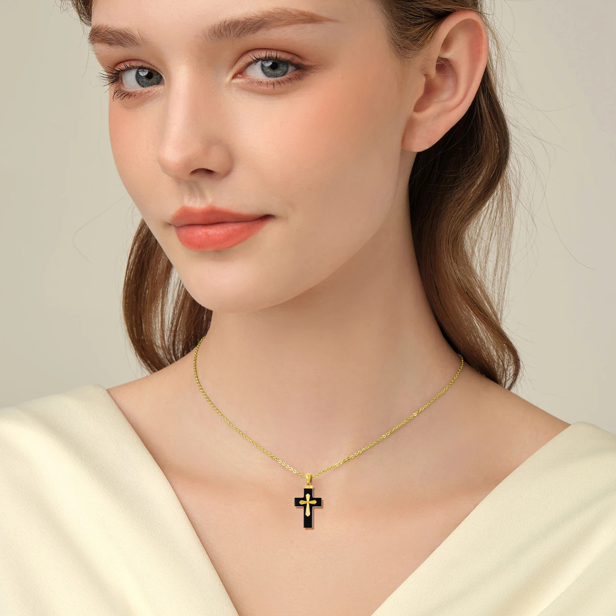 10K Yellow Gold Natural Black Shaped Agate Cross Pendant Necklace-3