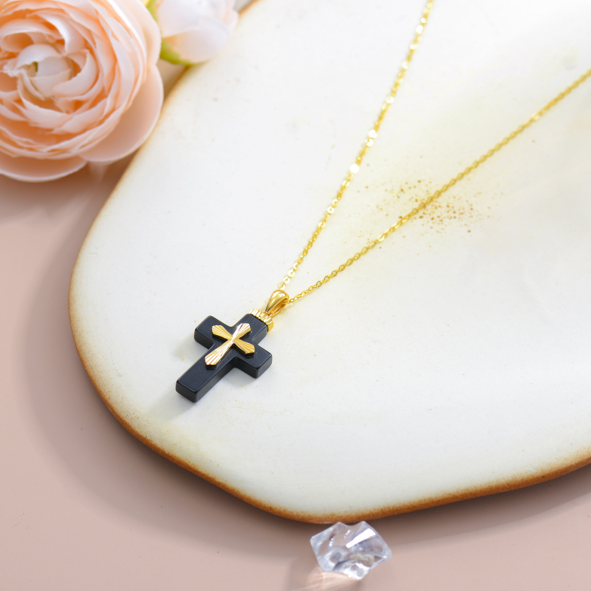 10K Yellow Gold Natural Black Shaped Agate Cross Pendant Necklace-4