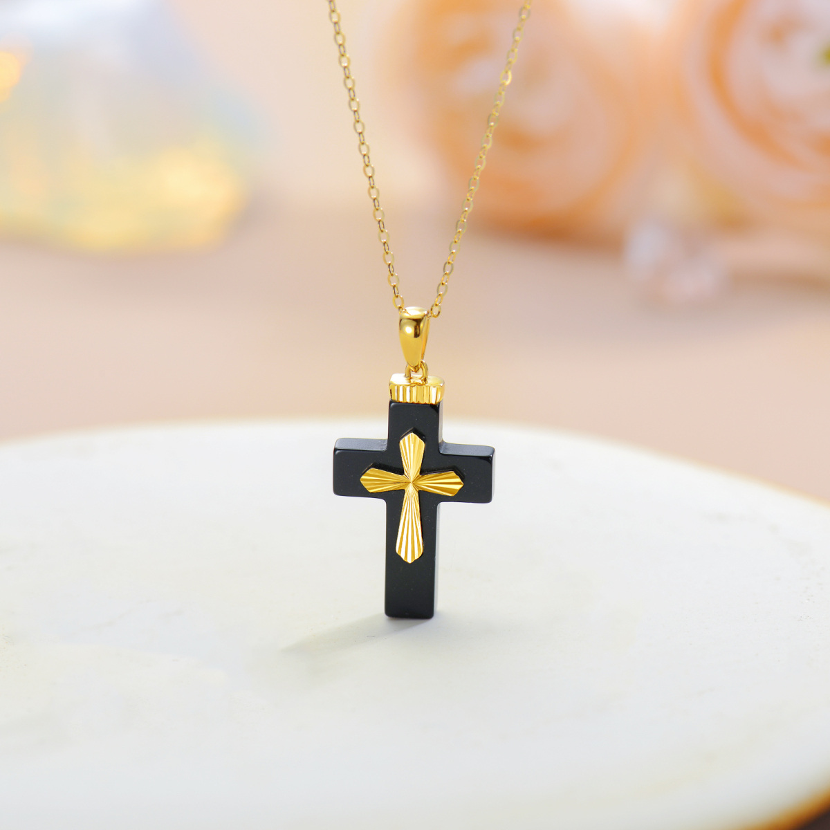 10K Yellow Gold Natural Black Shaped Agate Cross Pendant Necklace-5