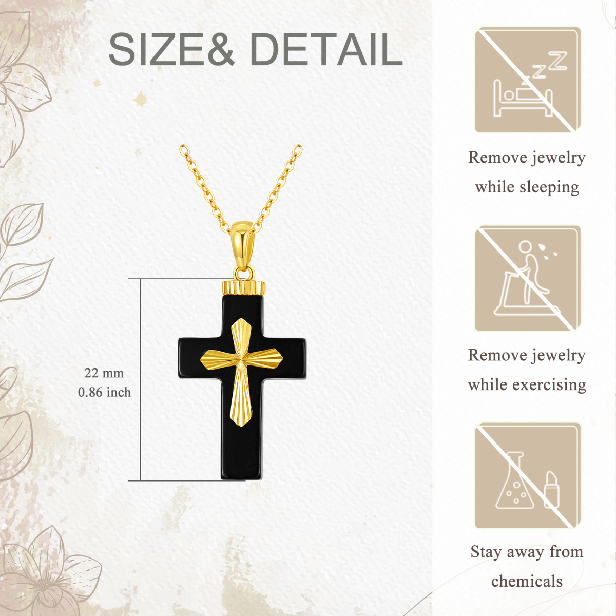 14K Yellow Gold Natural Black Shaped Agate Cross Pendant Necklace-6