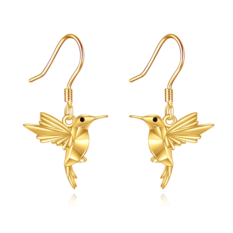 10K Yellow Gold Origami Hummingbird Dangle Drop Earrings-1