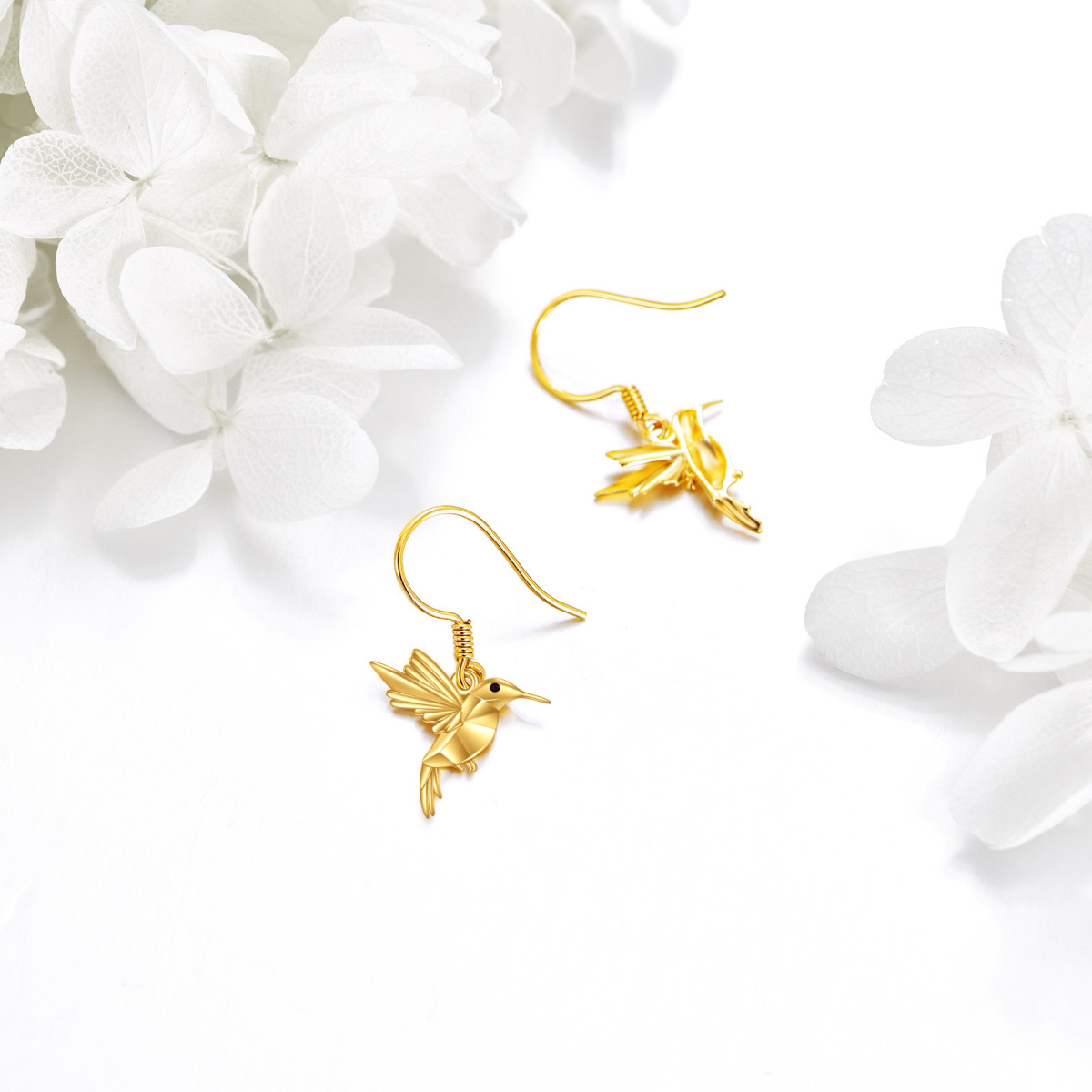 10K Yellow Gold Origami Hummingbird Dangle Drop Earrings-3