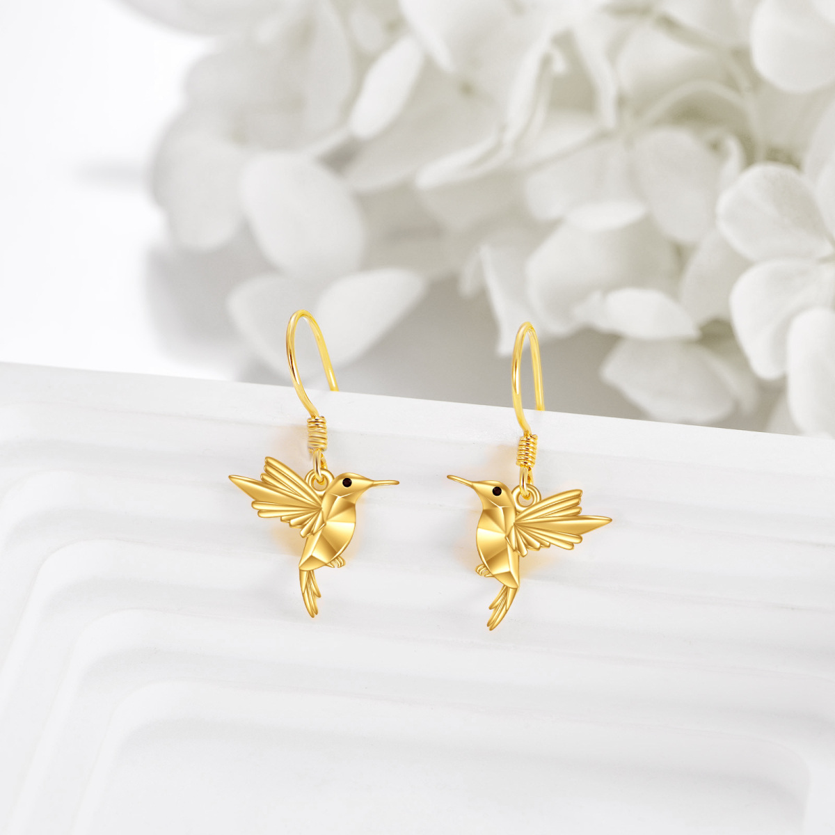 10K Yellow Gold Origami Hummingbird Dangle Drop Earrings-4