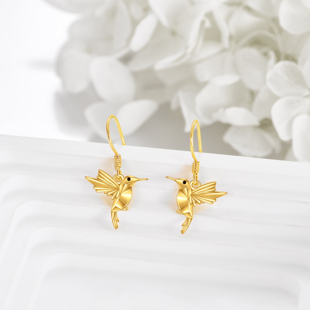 14K Yellow Gold Origami Hummingbird Dangle Drop Earrings-4