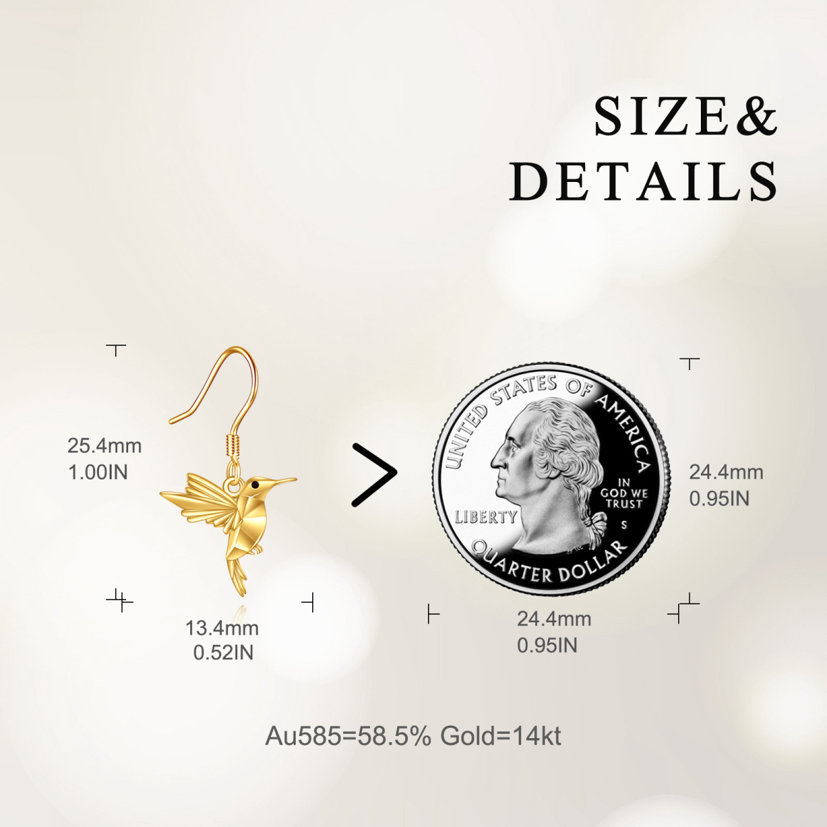 10K Yellow Gold Origami Hummingbird Dangle Drop Earrings-5