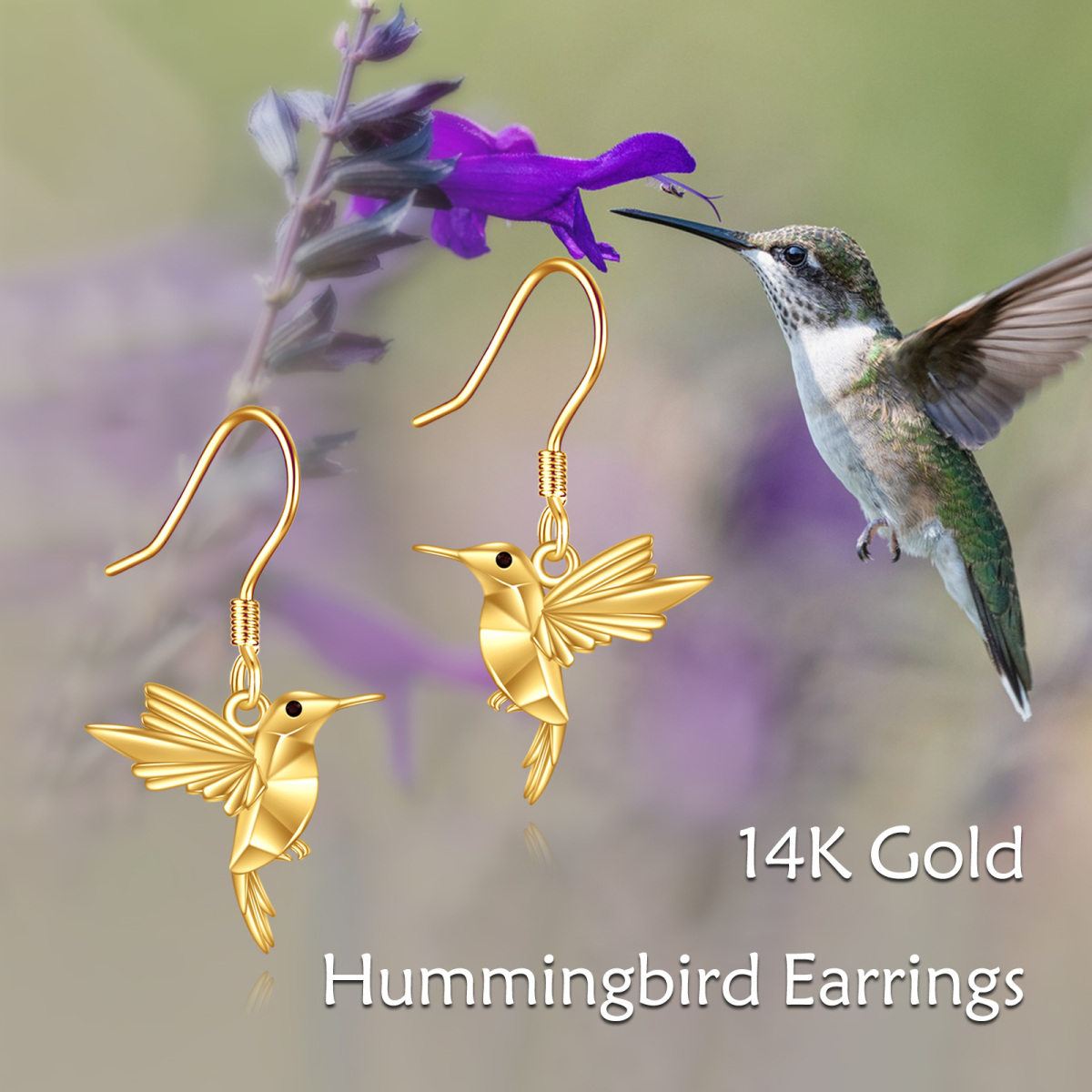 10K Yellow Gold Origami Hummingbird Dangle Drop Earrings-6