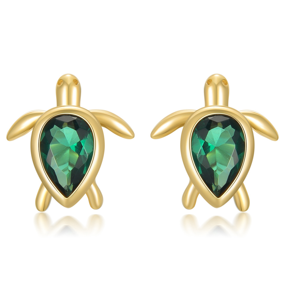 10K Yellow Gold Pear Emerald Cubic Zirconia Sea Turtle Stud Earrings-1