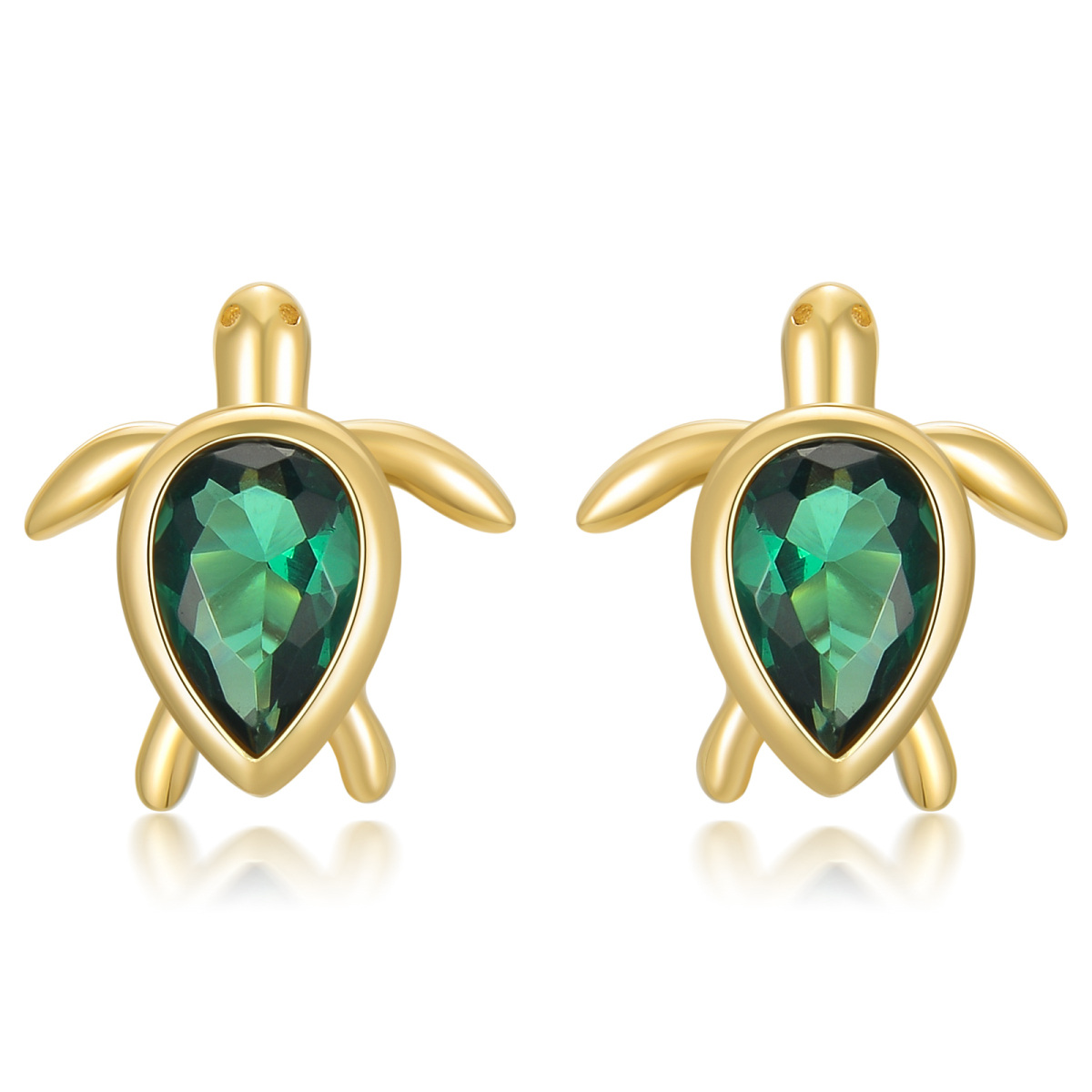 Boucles d'oreilles à tige en or jaune 14 carats avec émeraude et zircone cubique en forme de tortue de mer-1