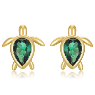 10K Yellow Gold Pear Emerald Cubic Zirconia Sea Turtle Stud Earrings-9