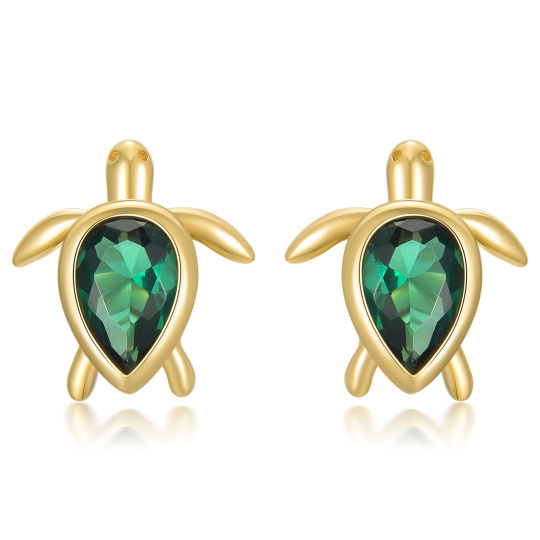 14K Yellow Gold Pear Emerald Cubic Zirconia Sea Turtle Stud Earrings