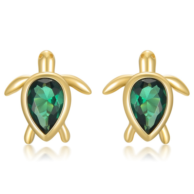 14K Yellow Gold Pear Emerald Cubic Zirconia Sea Turtle Stud Earrings-1