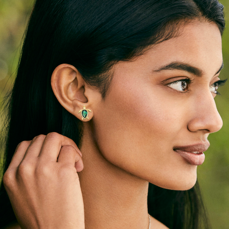 10K Yellow Gold Pear Emerald Cubic Zirconia Sea Turtle Stud Earrings-2