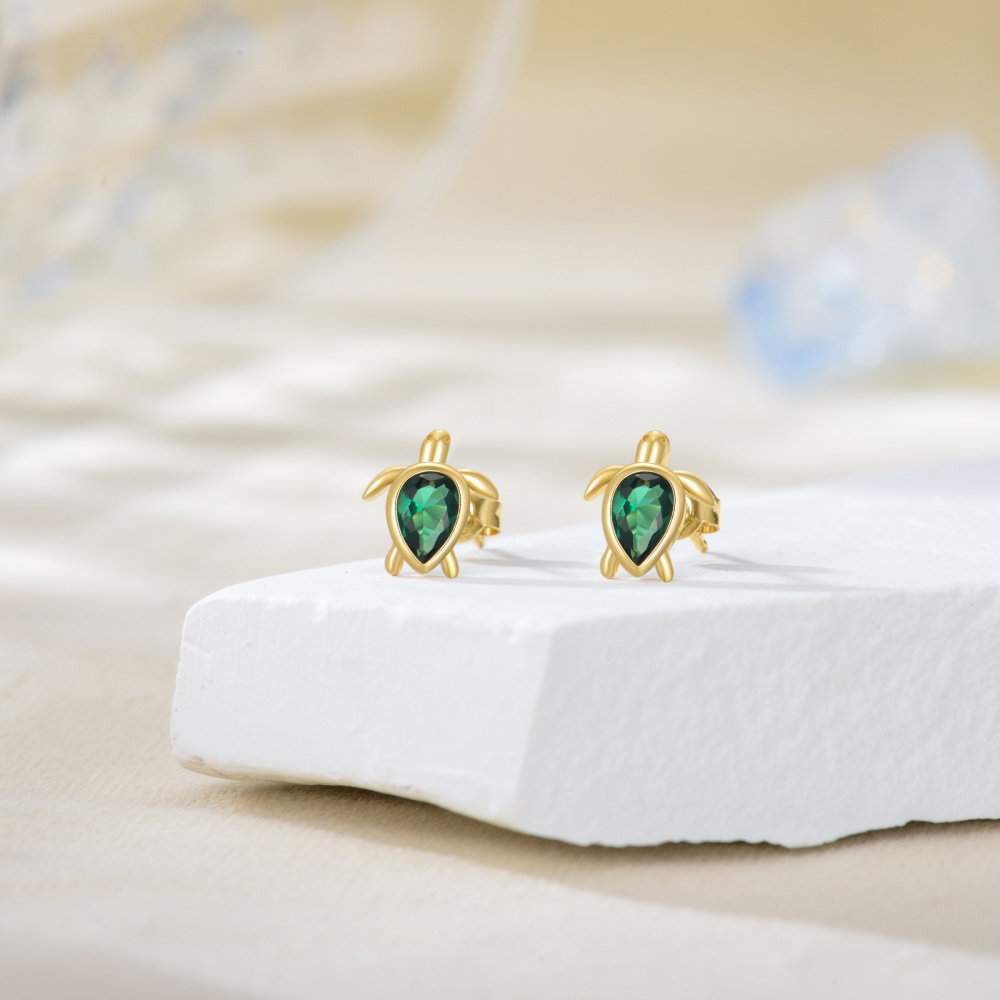 10K Yellow Gold Pear Emerald Cubic Zirconia Sea Turtle Stud Earrings-3