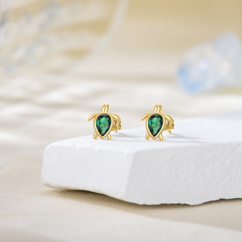 10K Yellow Gold Pear Emerald Cubic Zirconia Sea Turtle Stud Earrings-3