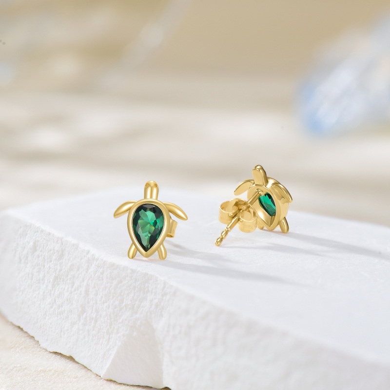 10K Yellow Gold Pear Emerald Cubic Zirconia Sea Turtle Stud Earrings-4