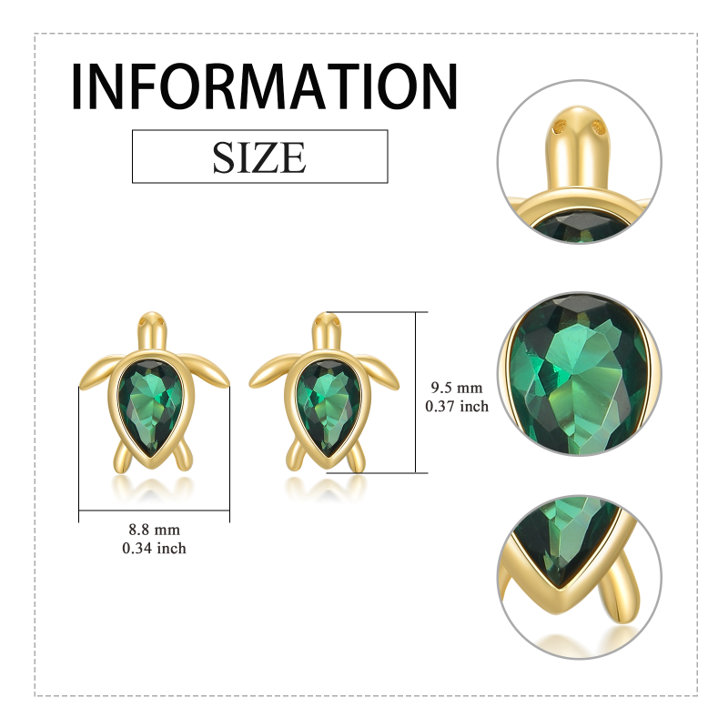 10K Yellow Gold Pear Emerald Cubic Zirconia Sea Turtle Stud Earrings-5