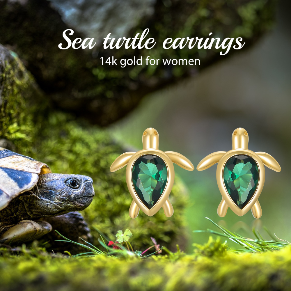 10K Yellow Gold Pear Emerald Cubic Zirconia Sea Turtle Stud Earrings-6