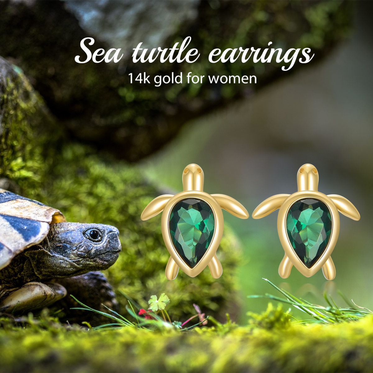 Boucles d'oreilles à tige en or jaune 14 carats avec émeraude et zircone cubique en forme de tortue de mer-6