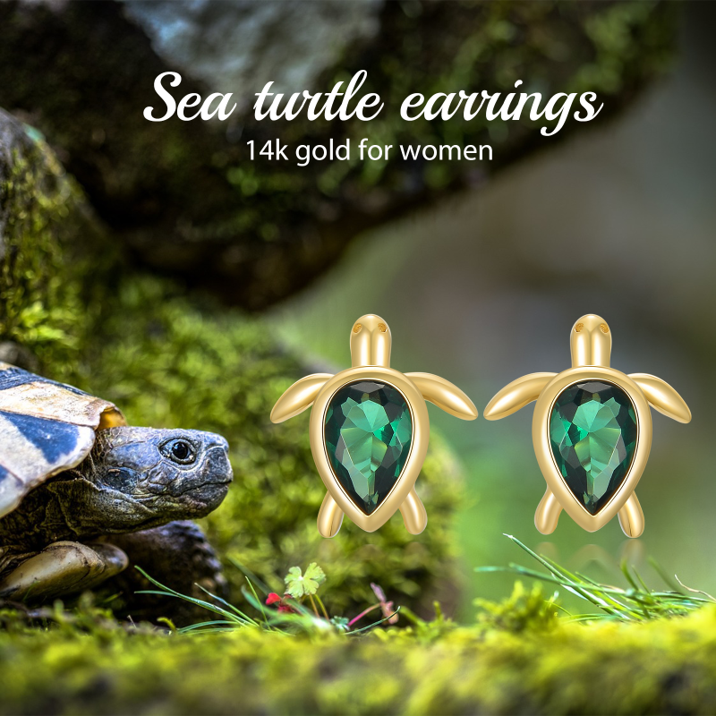 10K Yellow Gold Pear Emerald Cubic Zirconia Sea Turtle Stud Earrings-6