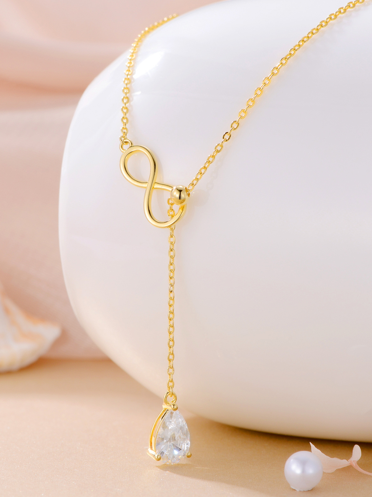 14K Yellow Gold Pear Cubic Zirconia Infinity Symbol Adjustable Y Necklace-3