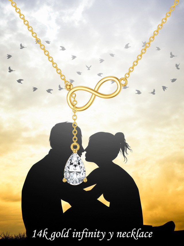 Collana Y regolabile in oro giallo 14K con simbolo dell'infinito e zirconi cubici a forma di pera-6