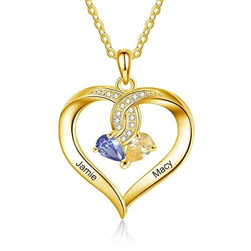 14K Yellow Gold Personalized Birthstone & Personalized Engraving & Heart Pendant Necklace-2