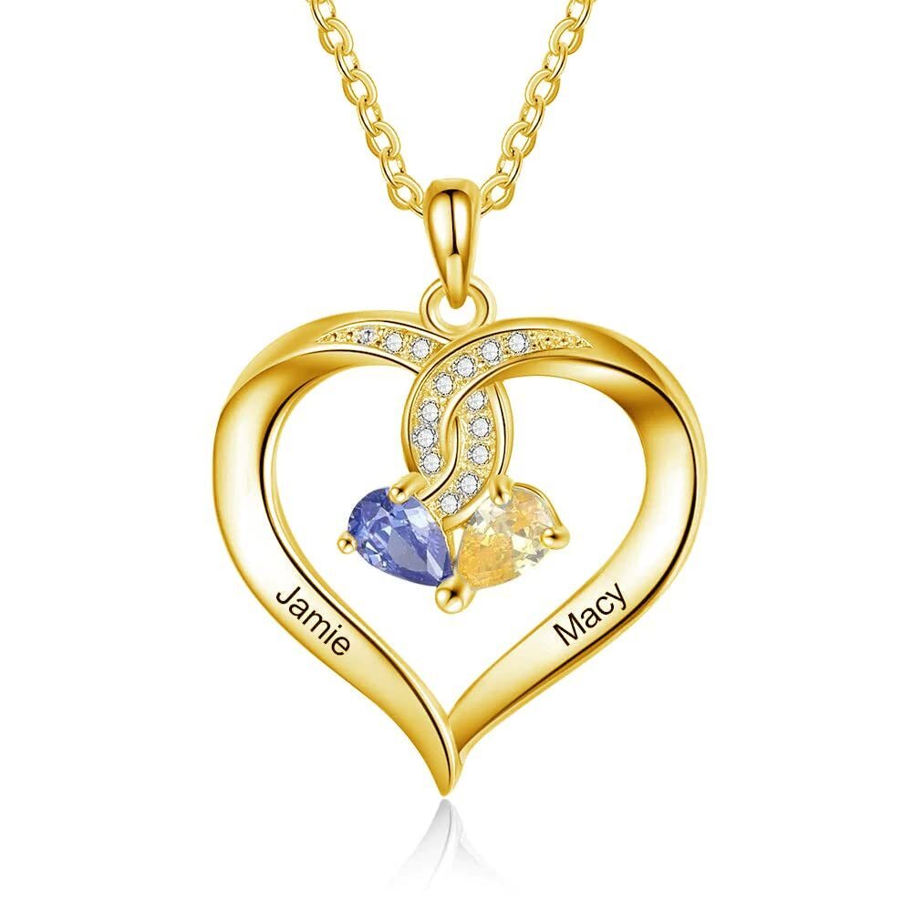 10K Yellow Gold Personalized Birthstone & Engraving Heart Pendant Necklace For Women Best Friends-2