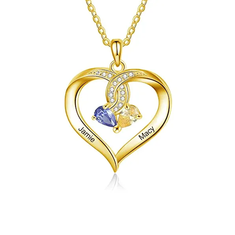 10K Yellow Gold Personalized Birthstone & Engraving Heart Pendant Necklace For Women Best Friends-1