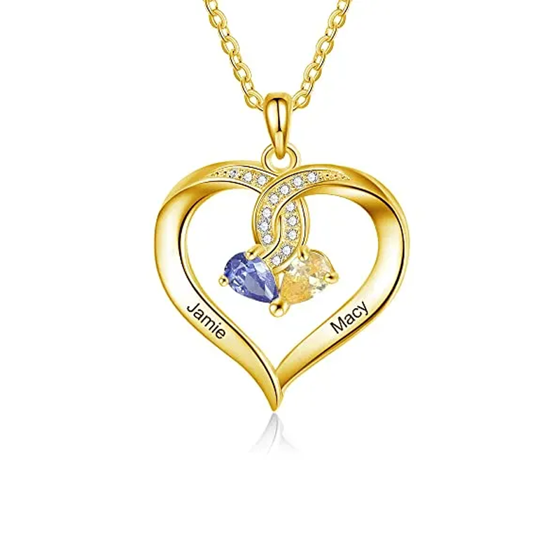 14K Yellow Gold Personalized Birthstone & Engraving Heart Pendant Necklace For Women Best Friends-1