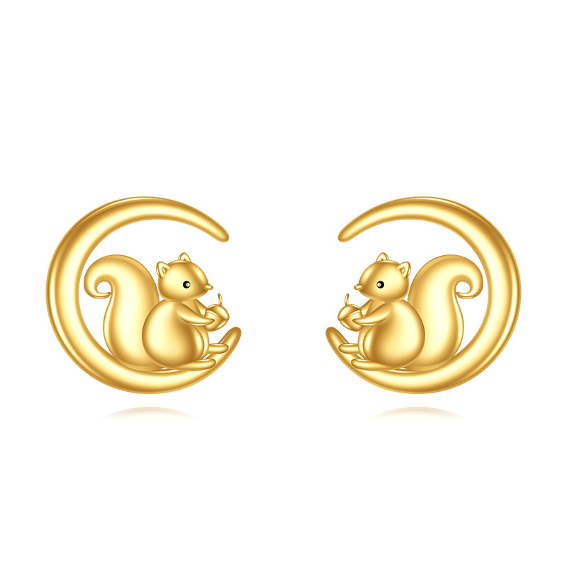10K Yellow Gold Squirrel & Moon Stud Earrings-1