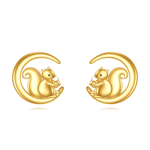 14K Yellow Gold Squirrel & Moon Stud Earrings-1